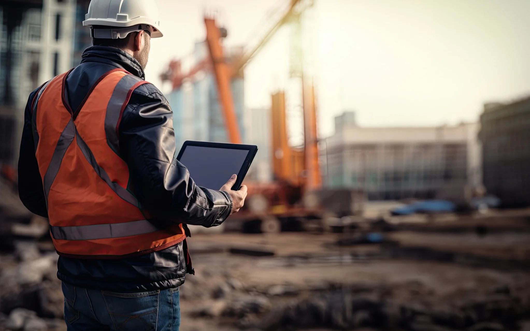 A construction safety professional in a hard hat and vest using a tablet to monitor site operations.