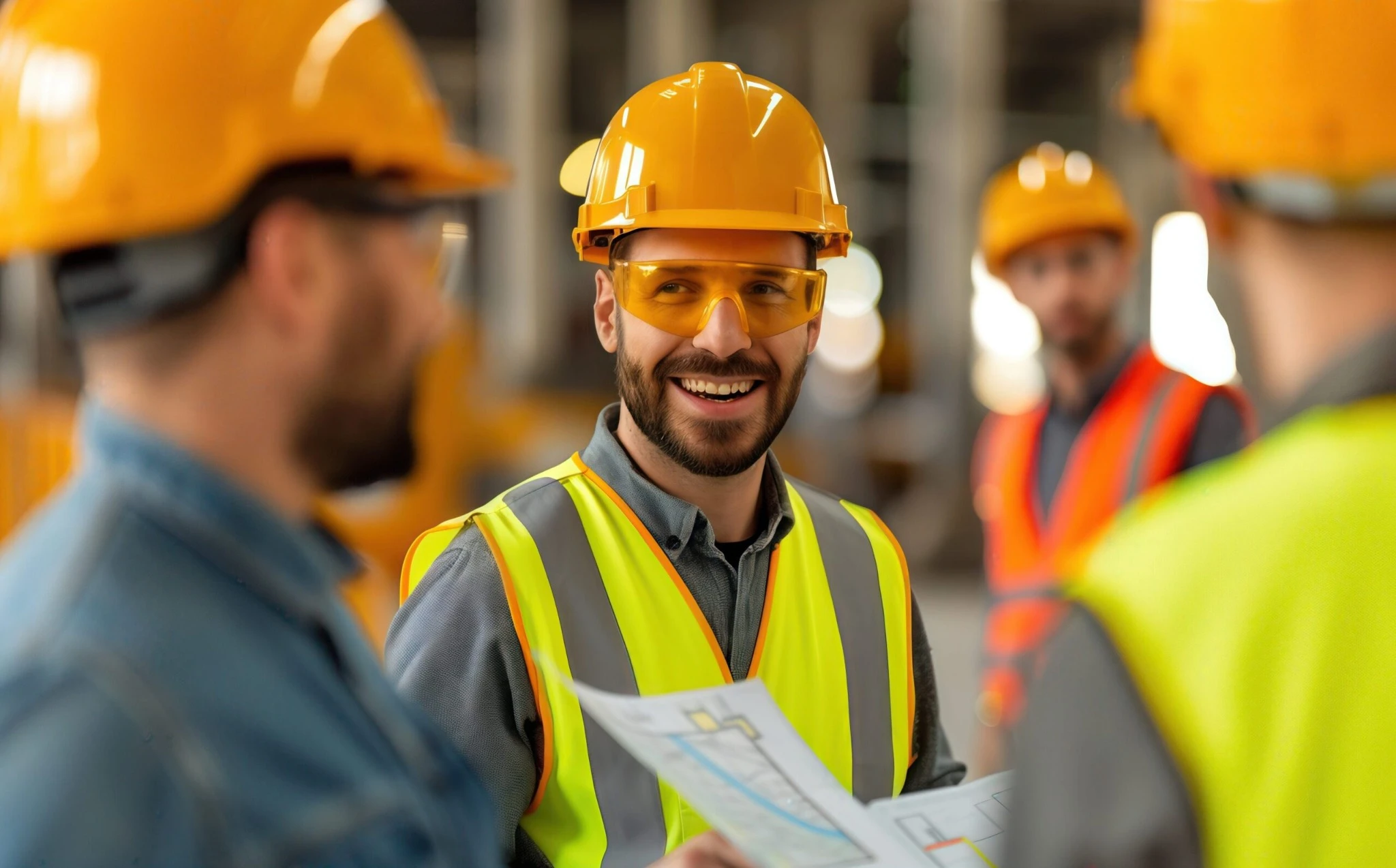 A smiling safety trainer in full PPE leading a discussion with workers during an immersive training session.
