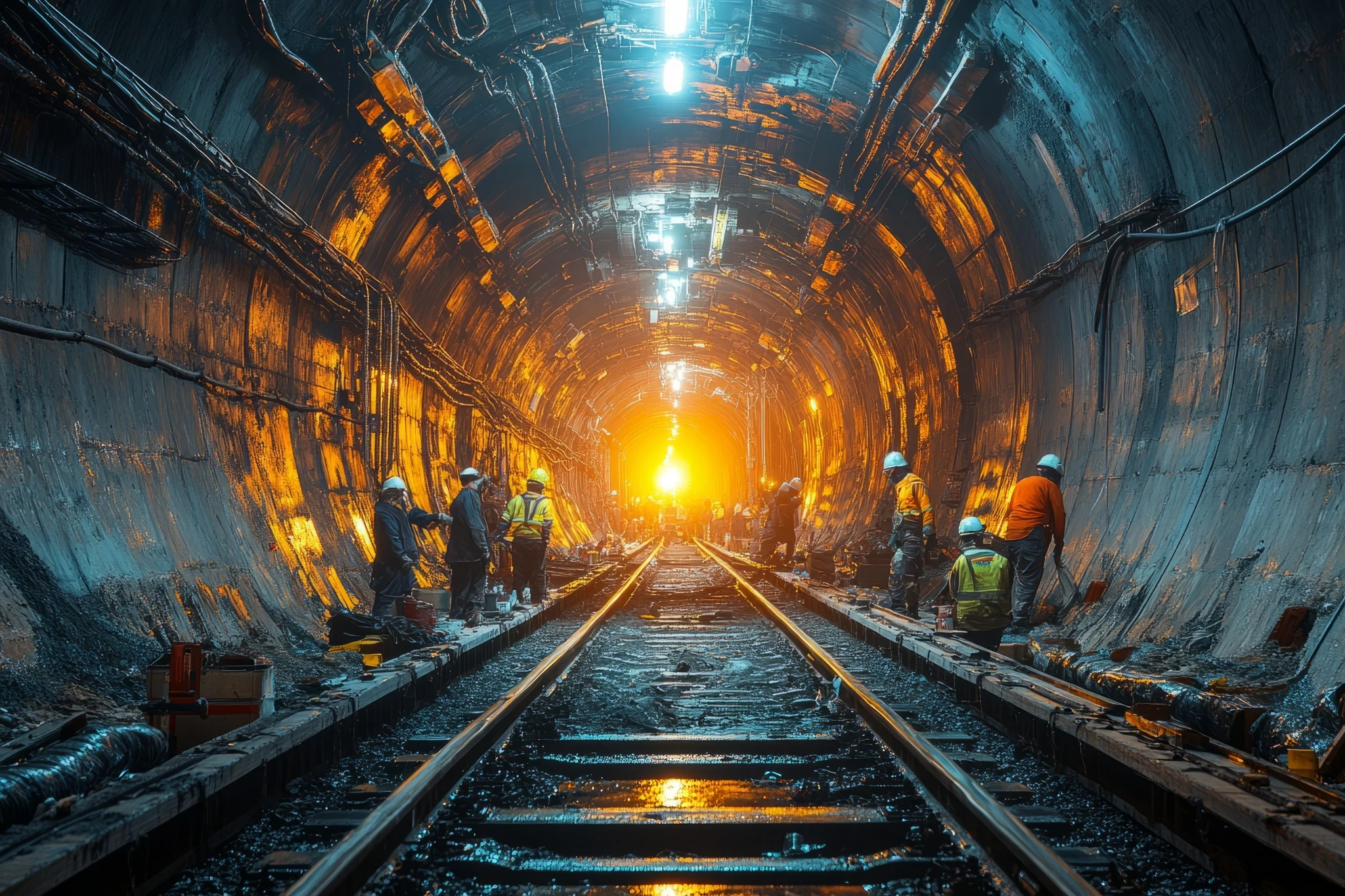 A team of construction workers in full PPE working inside a lit tunnel, symbolizing underground infrastructure and the grit of real-world safety knowledge.